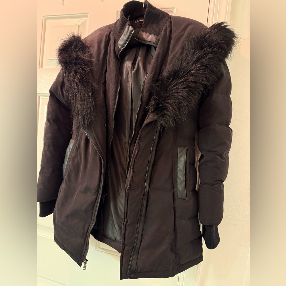 Express Black Puffer Jacket with Fur Trim